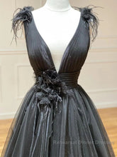 A Line Black V Neck Tulle Long Semi Formal Prom Dress